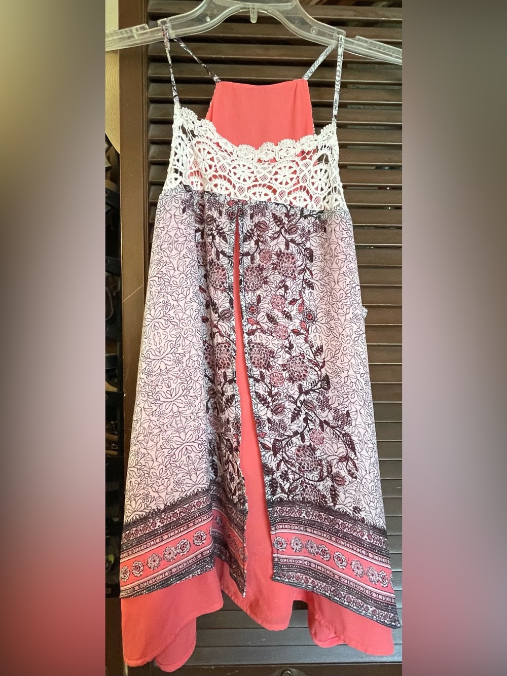 Boho Crochet-Trim Coral & Printed top